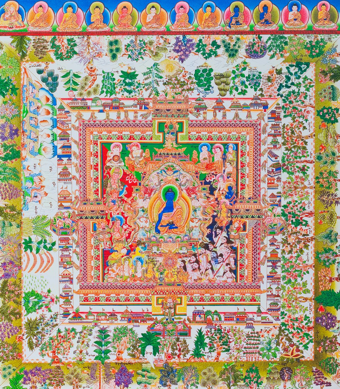 Medizin-Buddha-Mandala, die zentrale Figur des Bhaisajyaguru repräsentiert den höchsten Heiler in Mönchsgewändern mit einer Schale, die Heilpflanzen enthält von School Nepalese