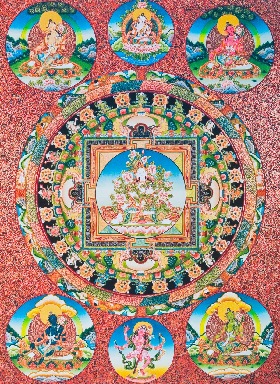 Weißes Tara Mandala; die siebenäugige weibliche Gottheit des buddhistischen Pantheons, die die Göttin des Mitgefühls und die Beschützerin der Menschen darstellt von School Nepalese