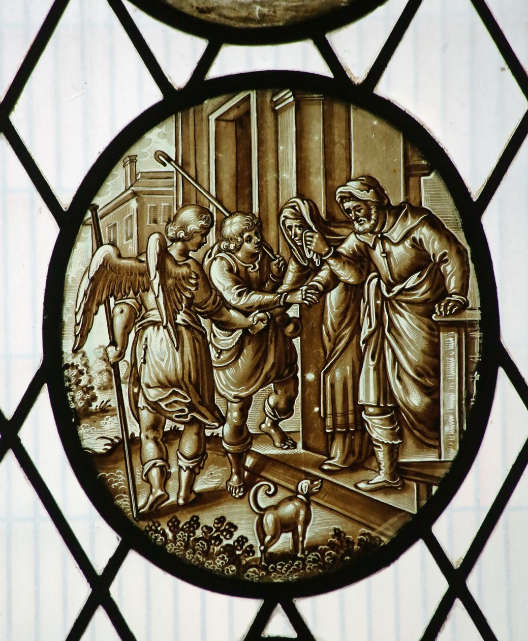 Rundel: Tobias zieht mit dem Engel los, wahrscheinlich 19. Jahrhundert (Buntglas) von School Netherlandish