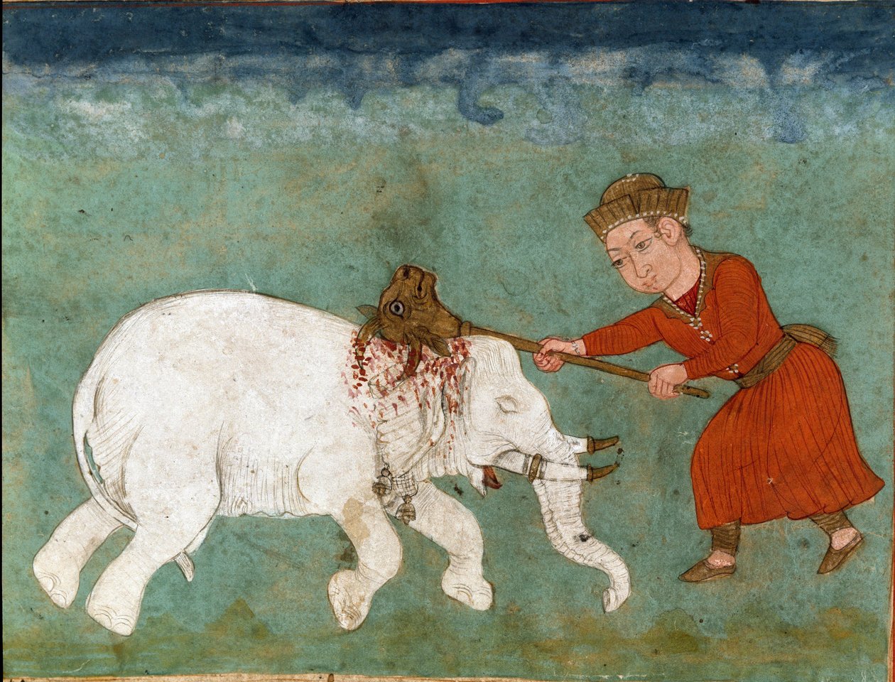 Islamische Kunst: Rostam (oder Rustam) mythischer Held und Sohn von Zal tötet den weißen Elefanten. Persische Miniatur aus einem Manuskript des Epos „Shahnameh“ (Buch der Könige) von Ferdowsi (ca. 940-ca. 1020) von School Persian