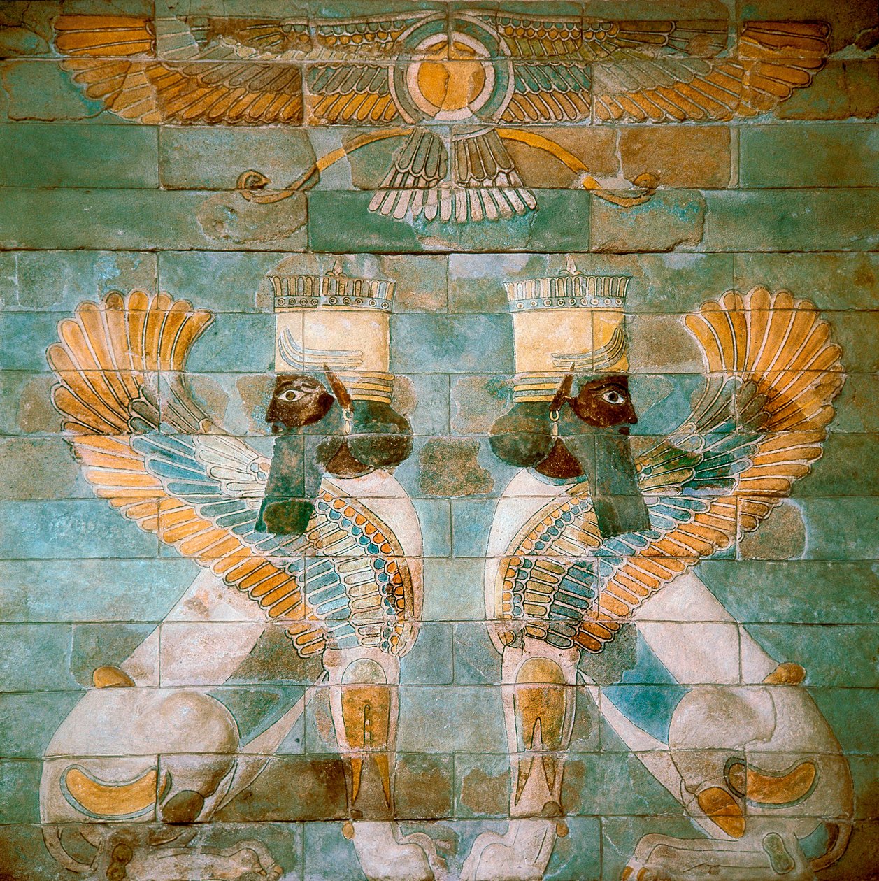 Persische Kunst: zwei androzephale Sphinxe (oder Löwen) unter Ahura Mazda, Gottheit des Zoroastrismus von School Persian