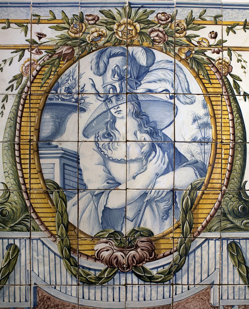 Ornamentales Panel mit einem Porträt einer Frau, Königliche Fabrik von Louca, a Rato, polychrome Fayence von School Portuguese