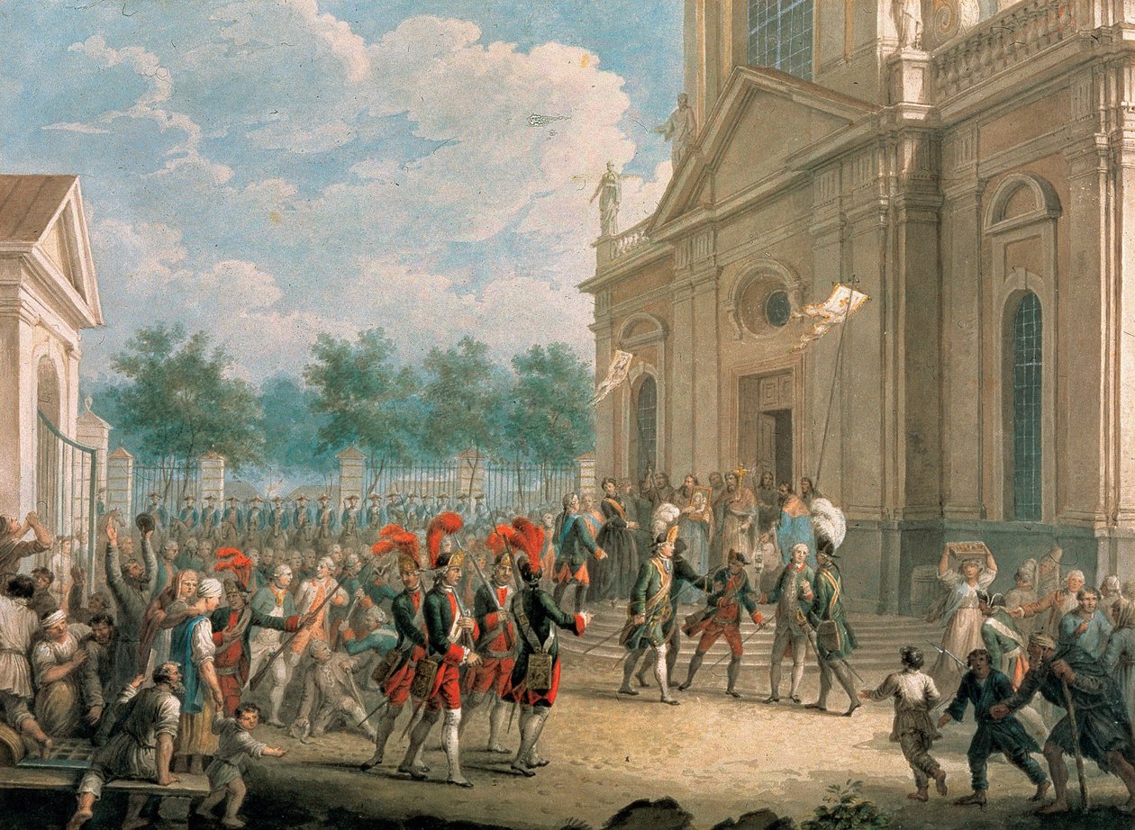 Katharina II. auf der Treppe der Kasaner Kathedrale, begrüßt vom Klerus am Tag ihrer Thronbesteigung von School Russian