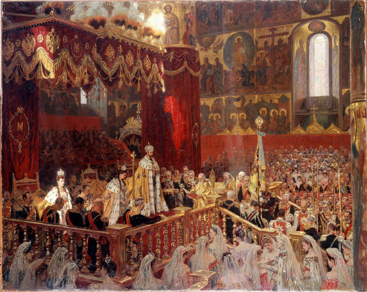 Krönung von Nikolaus II. im Jahr 1896 in der Uspenski-Kathedrale in Moskau von School Russian