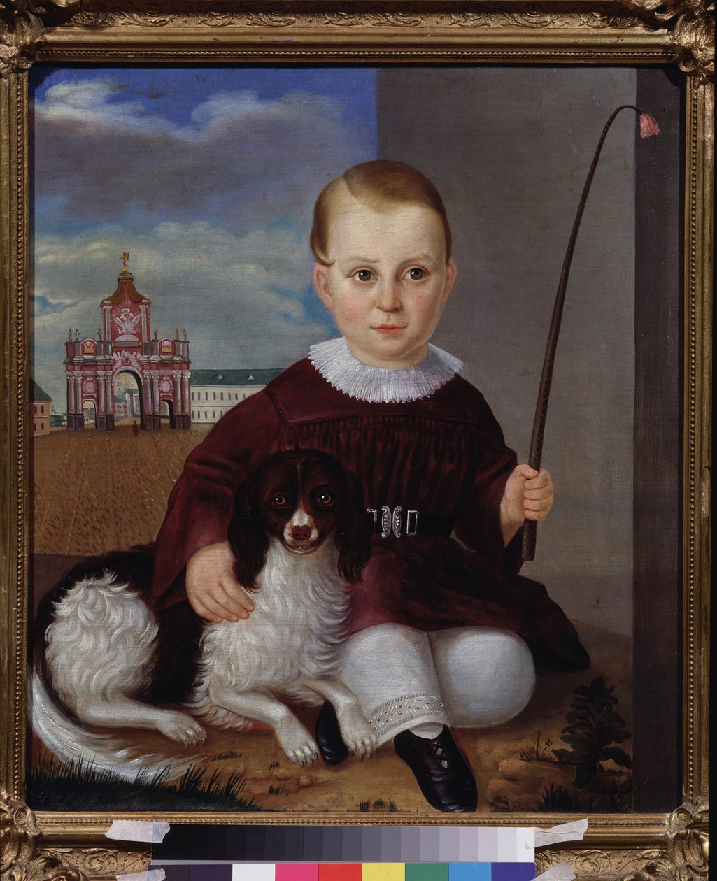 Junge mit einem Hund vor der roten Tür von School Russian