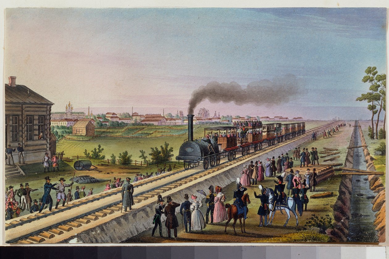 Die Ankunft des ersten Zuges von Sankt Petersburg nach Zarskoje Selo am 30. Oktober 1837 von School Russian