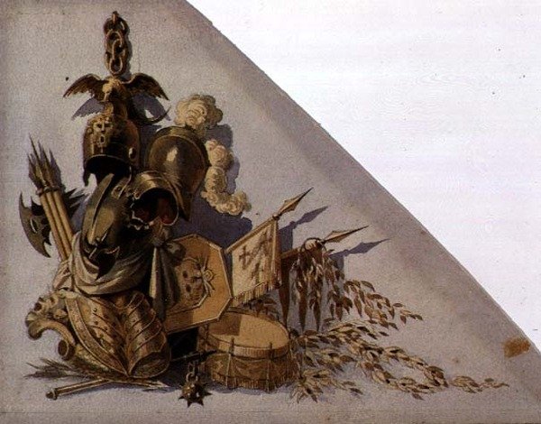 Neoklassizistische Trophäen der Waffen: Europa, ca. 1825 von School Russian