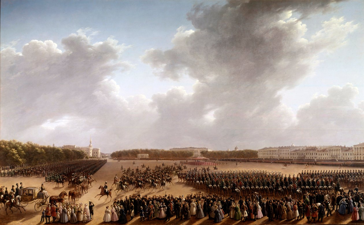 Parade auf dem Marsfeld, im Vordergrund Alexander Puschkin und Nikolaus I. auf einem Pferd von School Russian