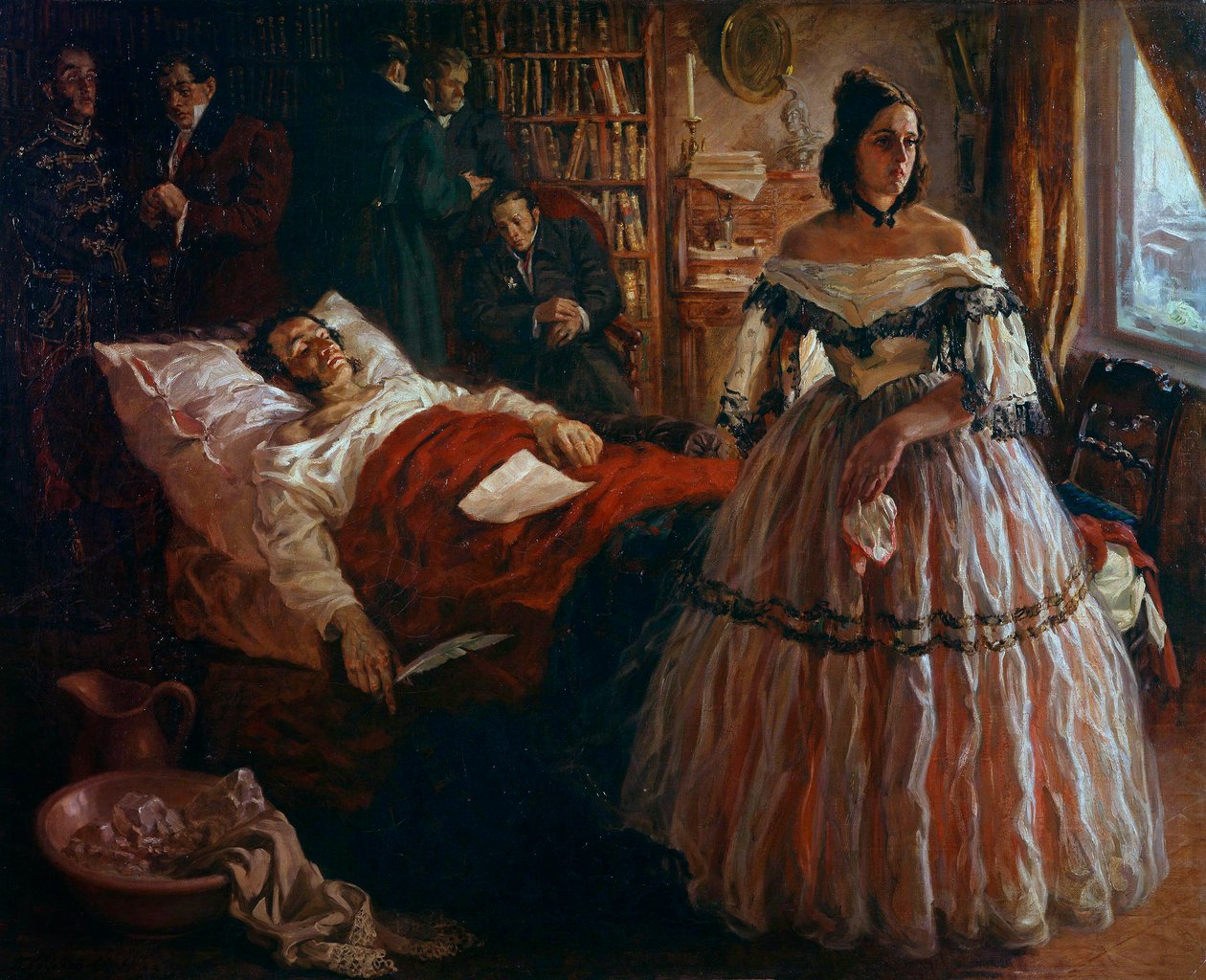 Der russische Dichter Alexander Puschkin auf seinem Sterbebett, umgeben von seiner Frau Natalia Gontscharowa und seinen Freunden von School Russian
