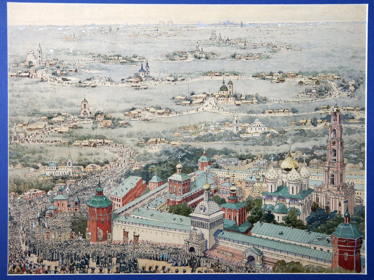 Blick auf das Dreifaltigkeitskloster von Sergius in Sergiyev Posad mit der Osterprozession aus Moskau von School Russian