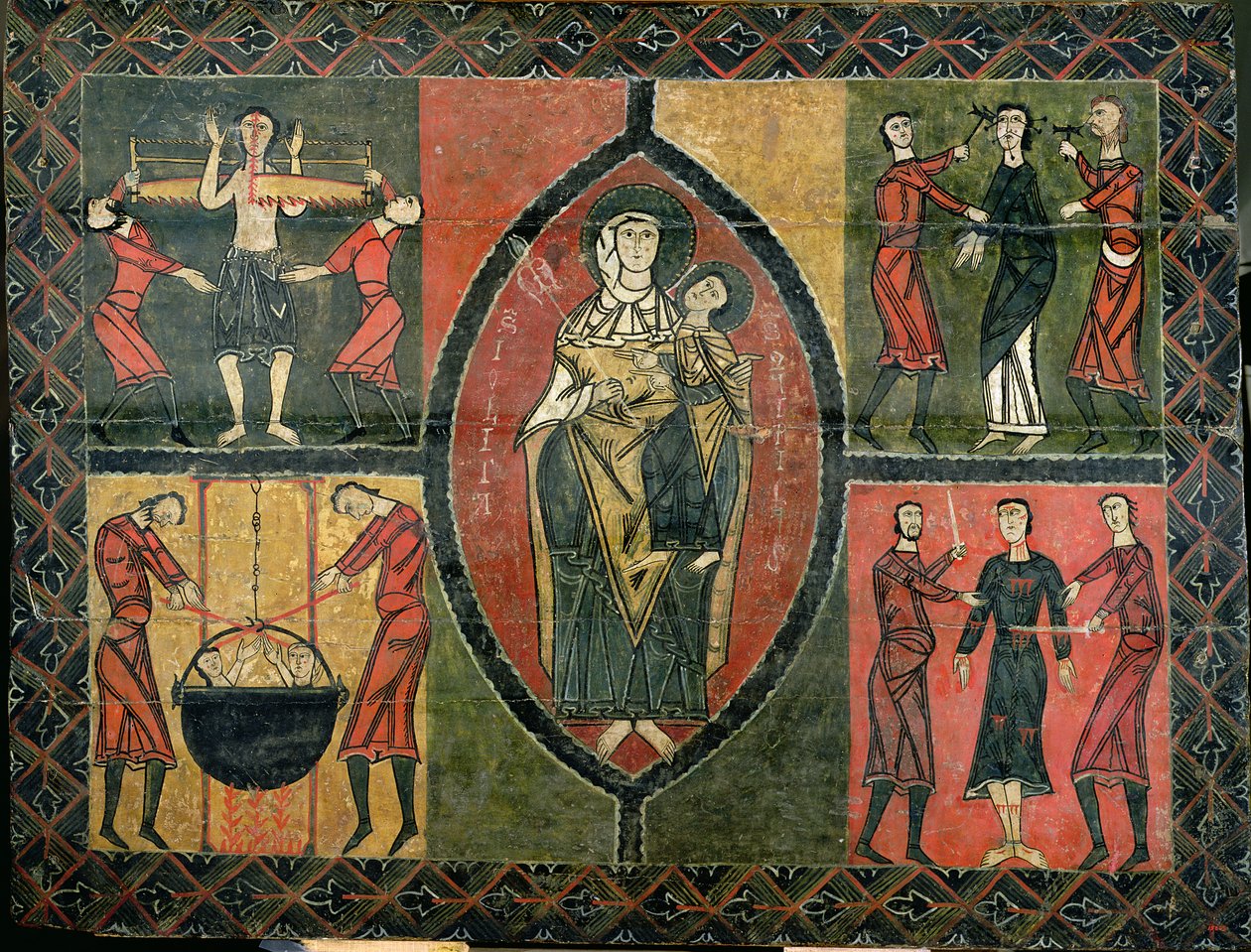 Altar mit Darstellung von St. Quirze und St. Julita mit vier begleitenden Szenen des Martyriums der Heiligen, Kirche Sant Quirze i Santa Julita, Durro von School Spanish
