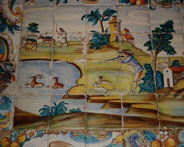 Azulejos-Fliesen, die einen Jäger darstellen, der auf Hirsche schießt von School Spanish