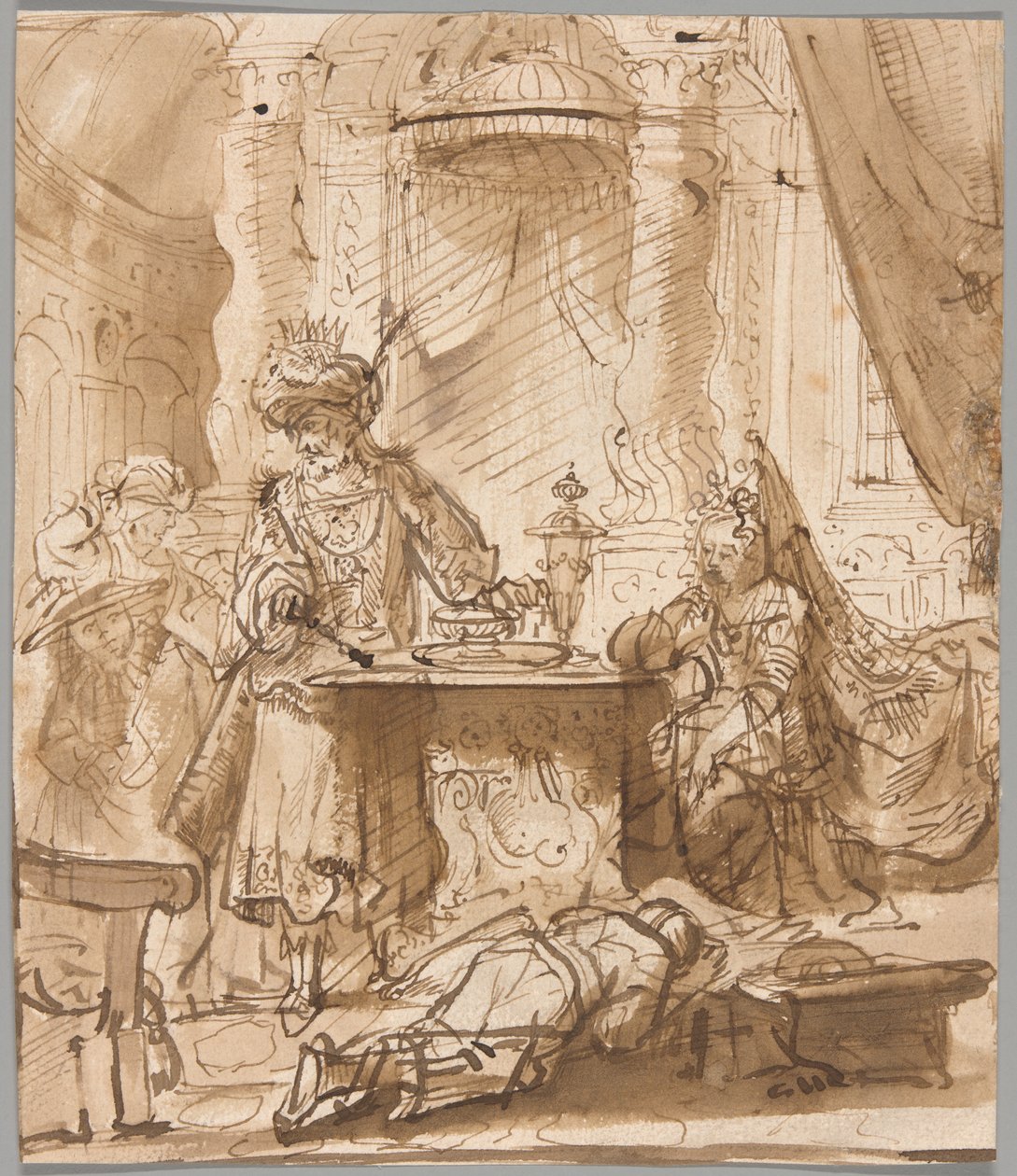 Die Erniedrigung Hamans vor Ahasverus und Esther von School of Rembrandt van Rijn