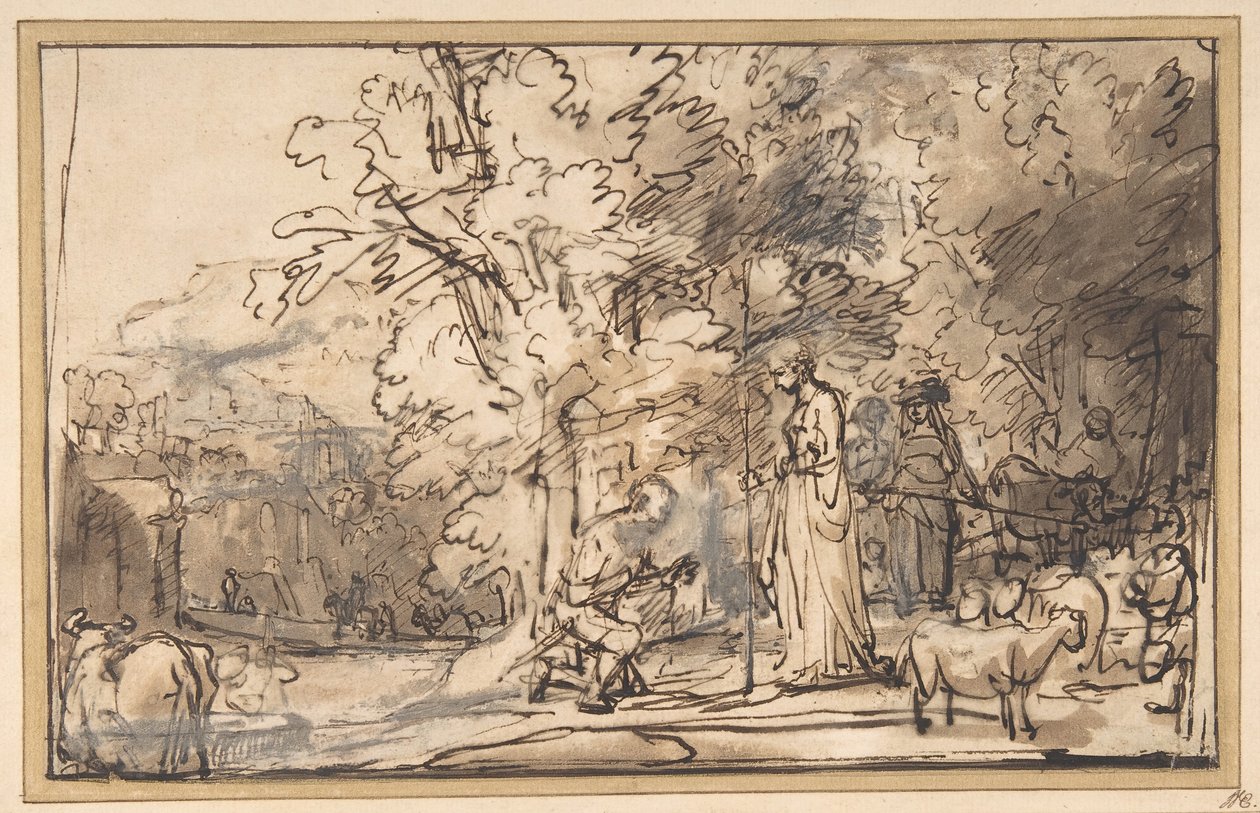 Das Treffen von Jakob und Rahel am Brunnen, 1640-49 von School of Rembrandt van Rijn