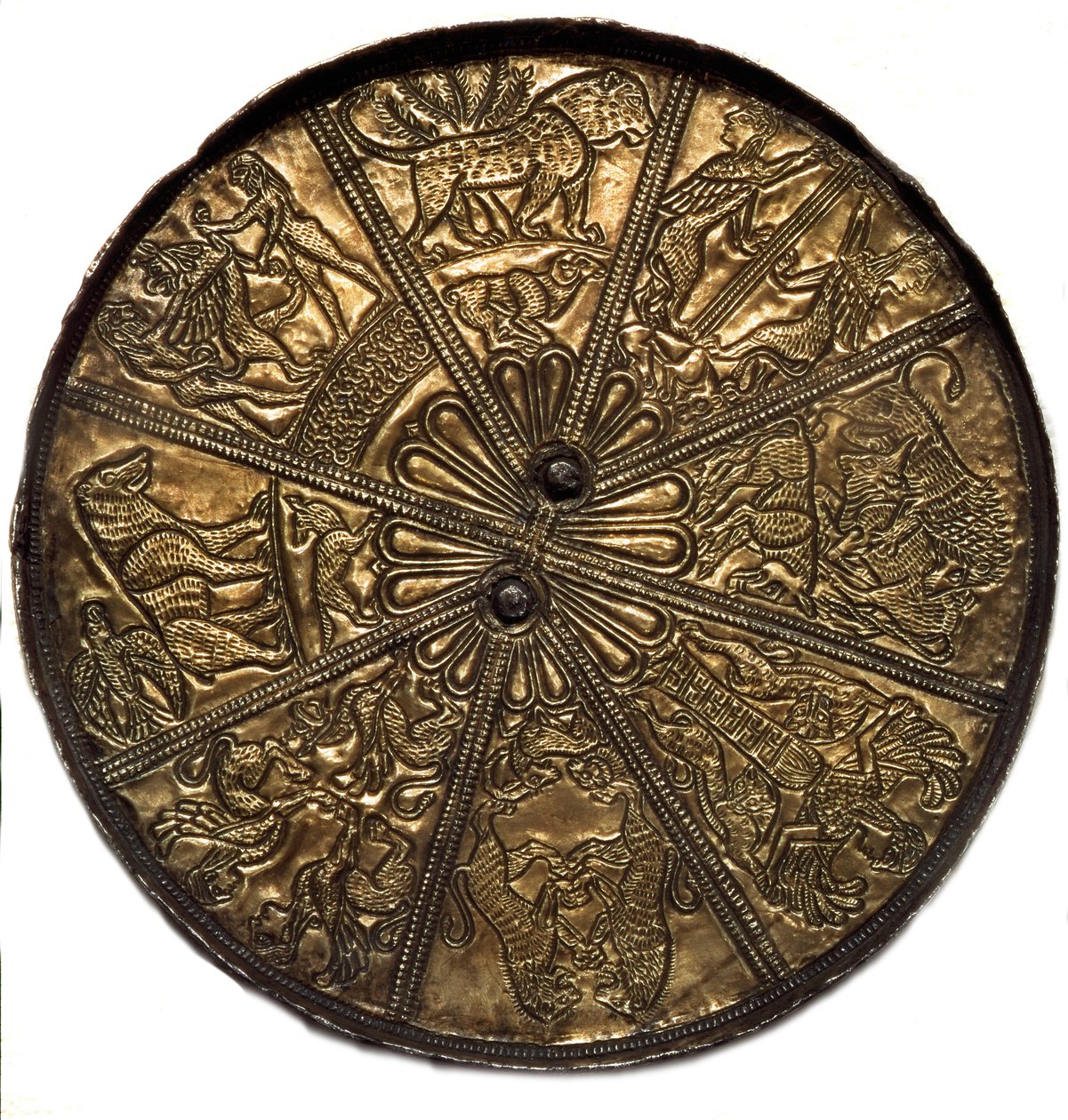 Skythische Kunst: Silberner Spiegel mit Goldüberzug aus dem Tumulus Nr. 4 von Kelermes, Region Krasnodar am Kuban in Russland (650-620), 7. Jahrhundert v. Chr. Sankt Petersburg, Eremitage von Scythian