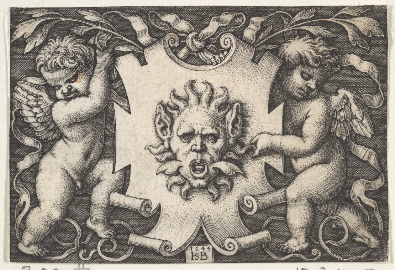 Eine Maske auf einem Wappenschild, unterstützt von zwei Genien, 1544 von Sebald Beham