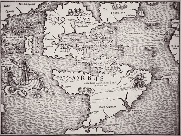 Karte von Amerika mit dem Atlantischen und Pazifischen Ozean von Sebastian Munster