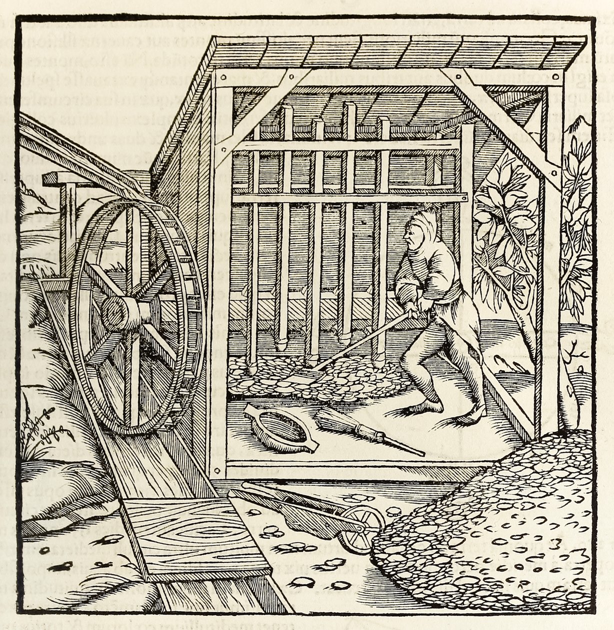 Bergbau mit Wasserrad, aus der Ausgabe von 1550 der 