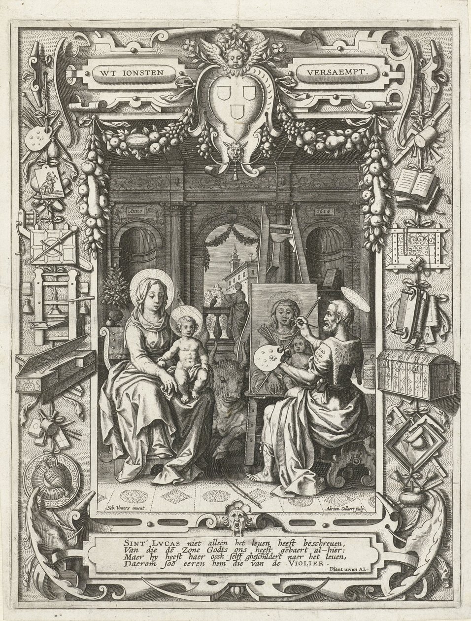 Wappen der Gilde des Heiligen Lukas mit dem Heiligen Lukas, der Madonna und Kind malt, 1620-21 von Sebastian Vrancx