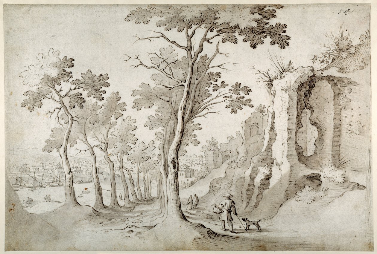 Blick auf die Porta Ripa von einer Allee von Bäumen unter Ruinen auf dem Aventin, Blick auf S. Maria dell