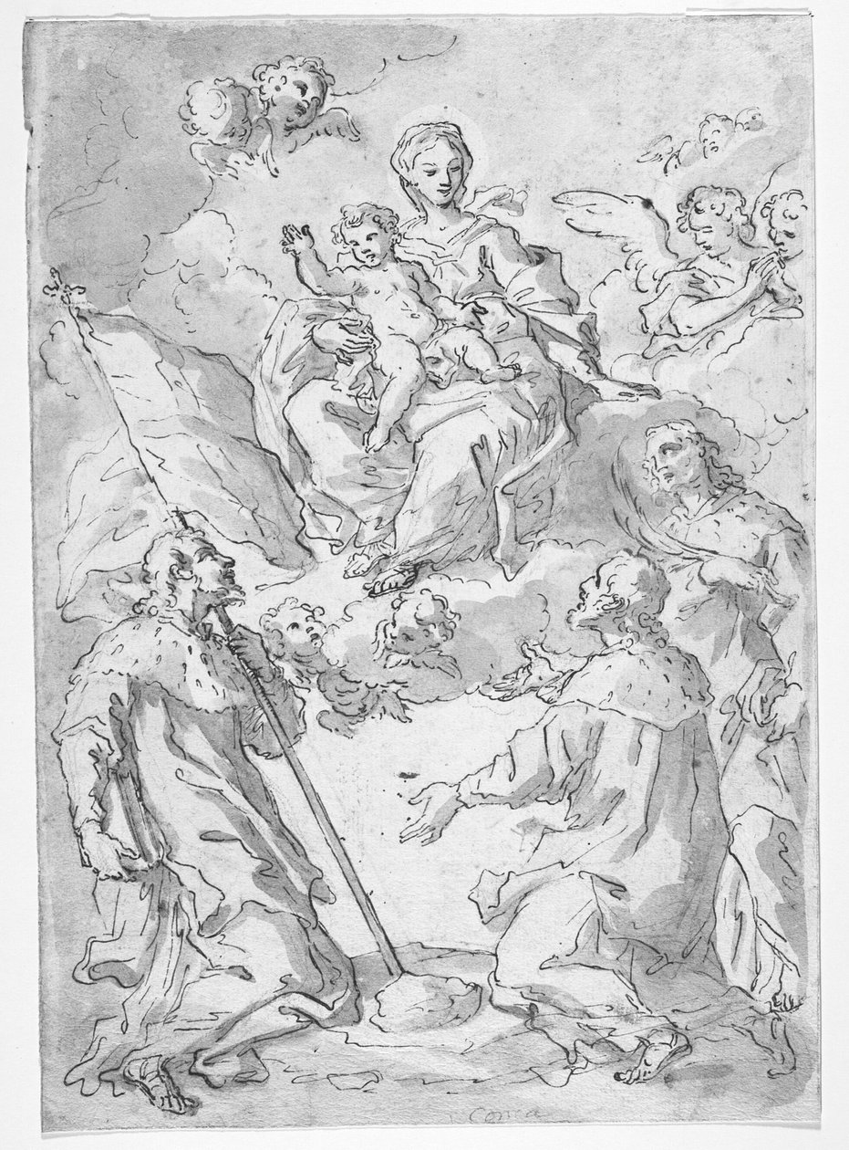 Drei männliche Heilige mit Madonna mit Kind in den Wolken, umgeben von Engeln von Sebastiano Conca