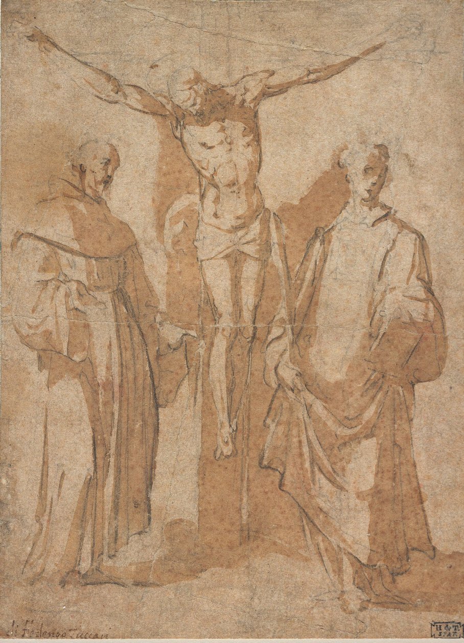 Christus am Kreuz flankiert von zwei Heiligen von Sebastiano Vini