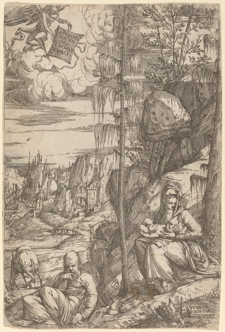 Landschaft mit Rast auf der Flucht nach Ägypten von Sebastiano de Valentinis