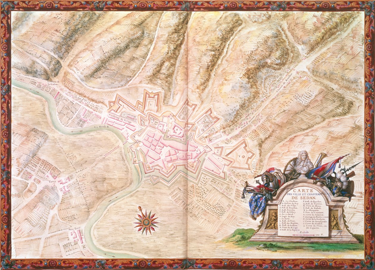Ms. 988, Bd.3 fol.16 Plan und Karte der Stadt und Burg von Sedan, aus dem Atlas Louis XIV, 1683-88 von Sebastien Le Prestre de Vauban