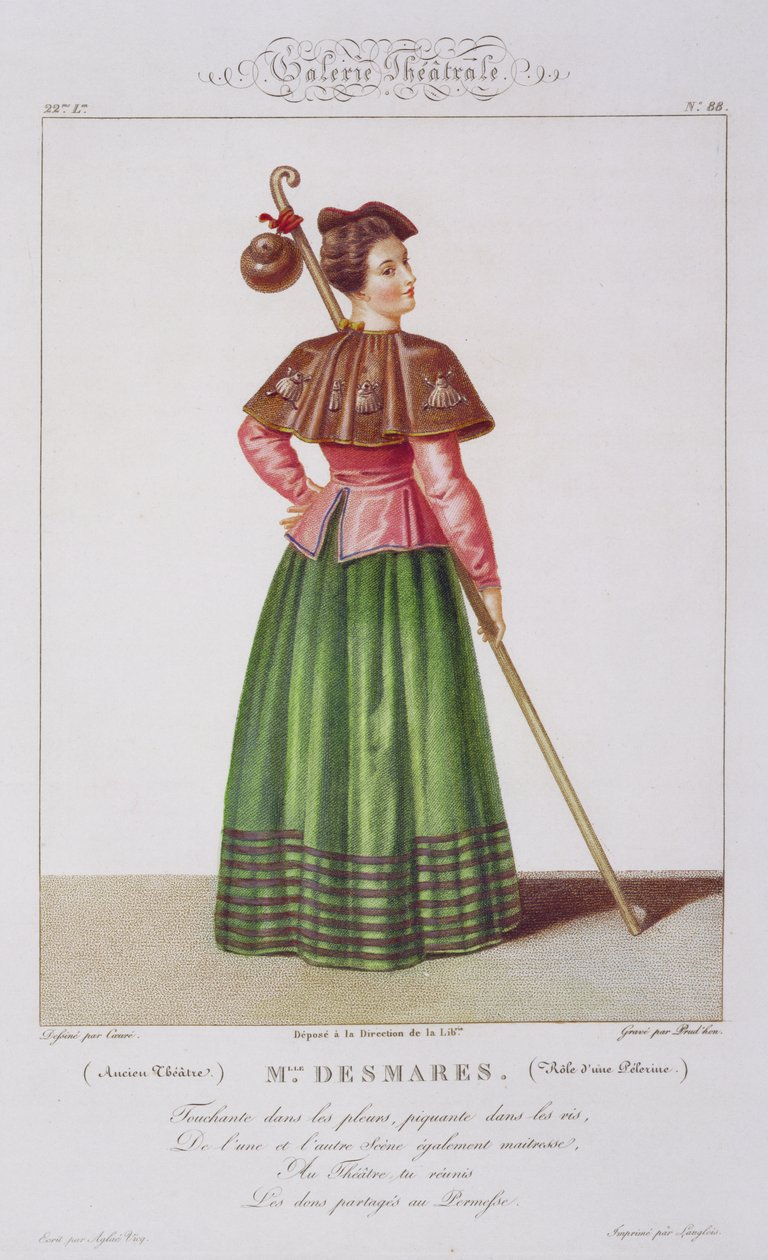 Mademoiselle Desmares in der Rolle eines Pilgers, Platte 88 aus Theatrical Gallery, graviert von Jean Prudhon (geb. 1778) veröffentlicht 1812-34 von Sebastien after Coeure