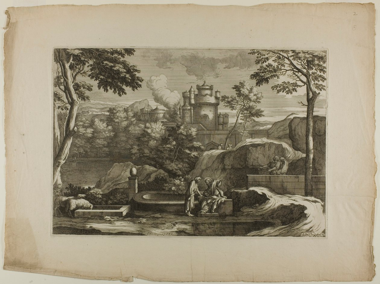 Ansicht einer Stadt (Christus mit dem barmherzigen Samariter am Brunnen) von Sébastien Bourdon
