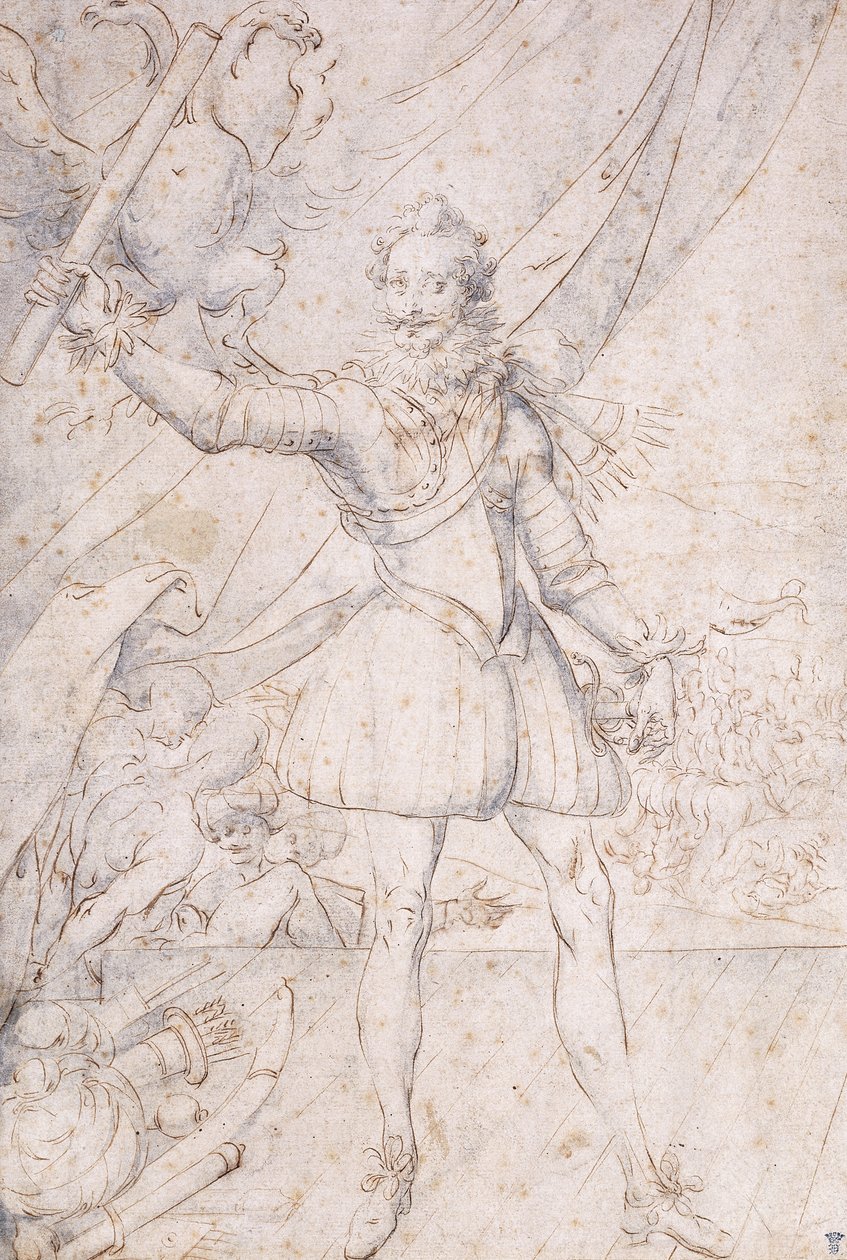 König Heinrich IV., ganzfigurig, eine Trophäe der osmanischen Waffen zu seinen Füßen, eine Schriftrolle vor einem Adler erhebend von Second School of Fountainebleau