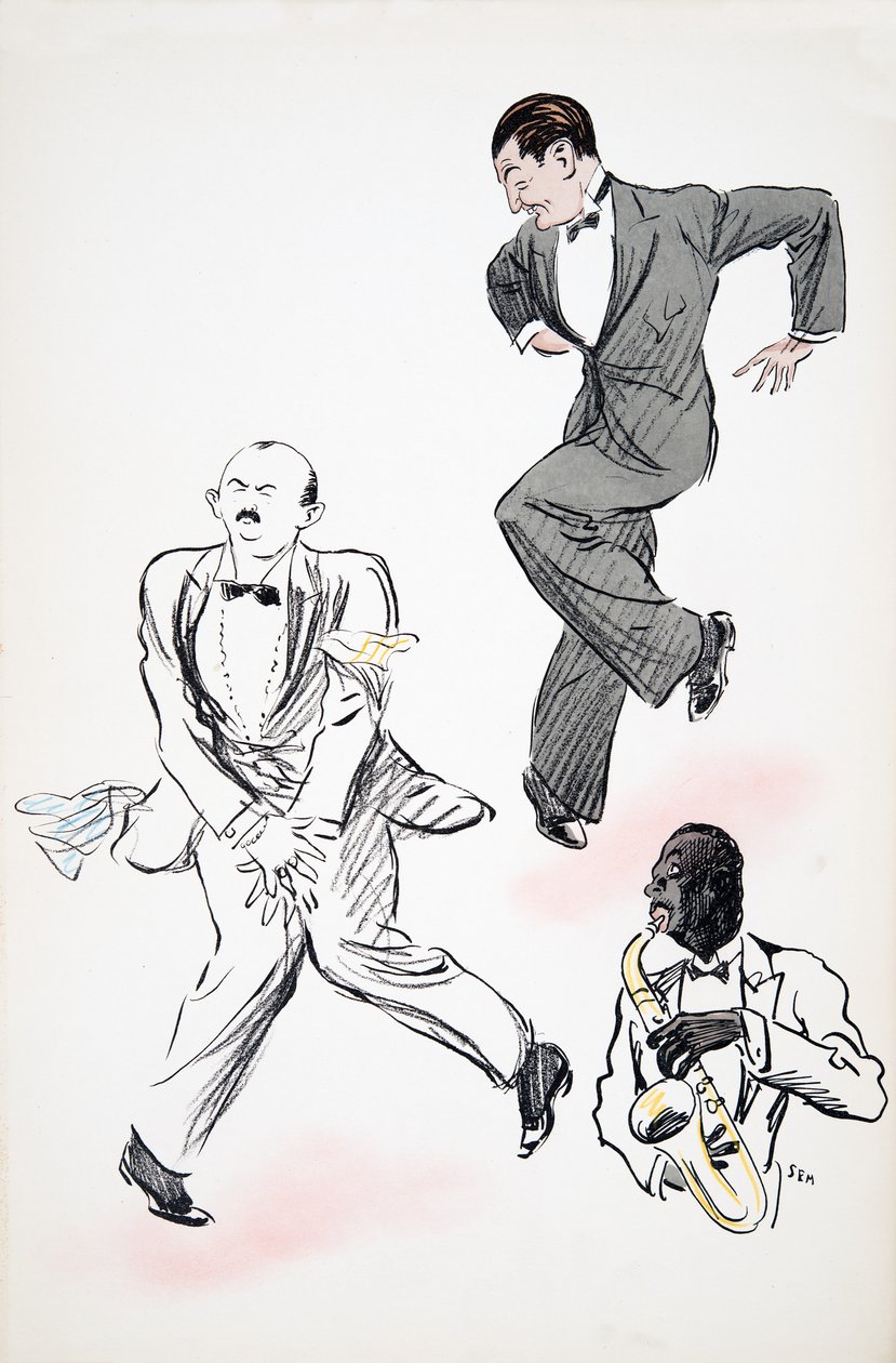 Zwei Herren in schwarzer Krawatte tanzen zu Jazz, gespielt von einem Musiker am Saxophon, aus White Bottoms, veröffentlicht 1927 von Sem