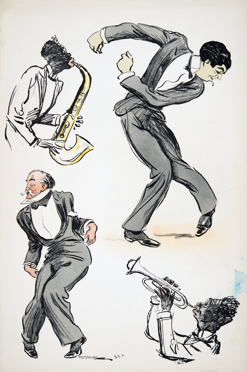 Zwei Männer in Anzügen tanzen, während zwei Musiker Saxophon und Trompete spielen, aus White Bottoms, veröffentlicht 1927 von Sem