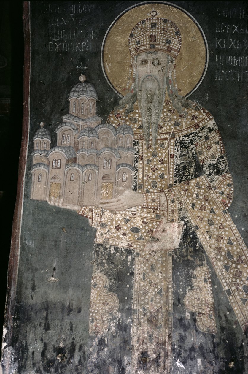 König Stefan Uroš II. Milutin (r.1282-1321) mit einem Modell der Kirche, 1311-21 von Serbian School