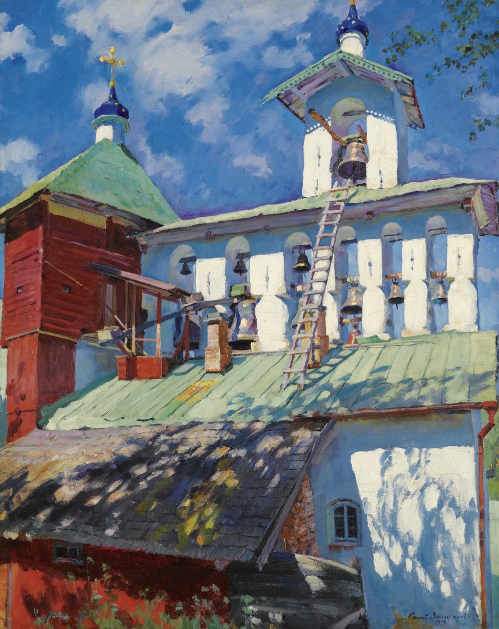 „Ansicht des Glockenturms des Klosters der Grotten von Pskov (Kloster der Dormition von Pskov-Pechory oder Pskovo-Pecherski) in Petchory, Russland“ Gemälde von Sergei Vinogradov (1869-1938) - 1929 von Sergei Arsenevich Vinogradov