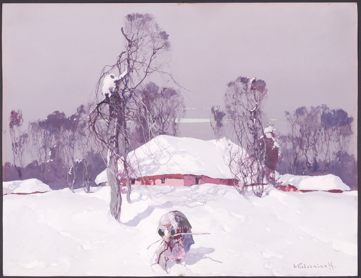 Alte Dame sammelt Holz im Schnee von Sergei Kolesnikoff