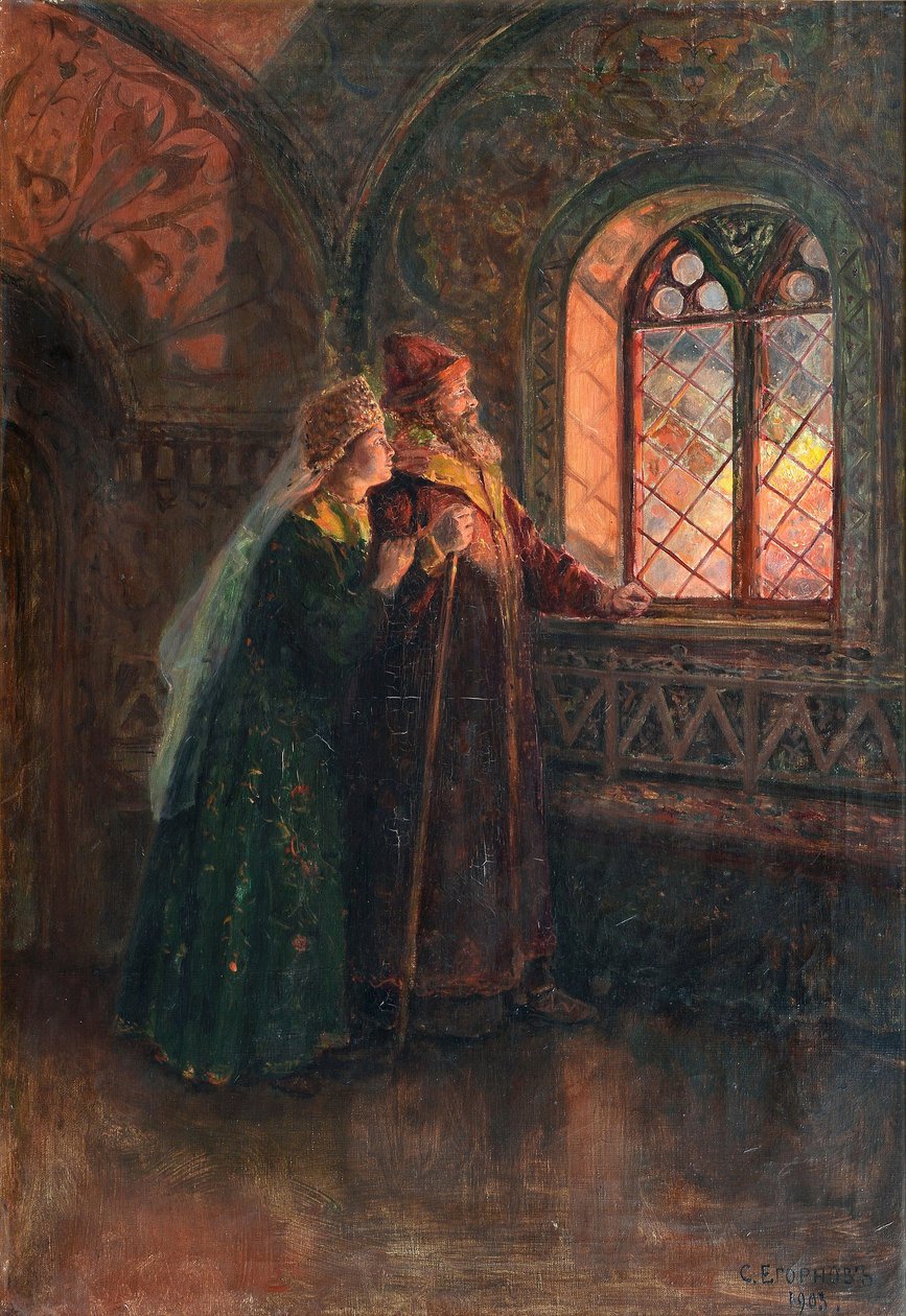 Zar Alexei Michailowitsch und Maria Miloslavskaya während des Brandes von Moskau, 1903 von Sergei Semyonovich Yegornov