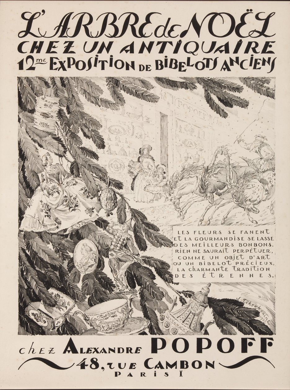 Larbre de Noël bei einem Antiquar, 12. Ausstellung bei Alexandre Popoff, 1933 von Sergei Vasilevich Chekhonin