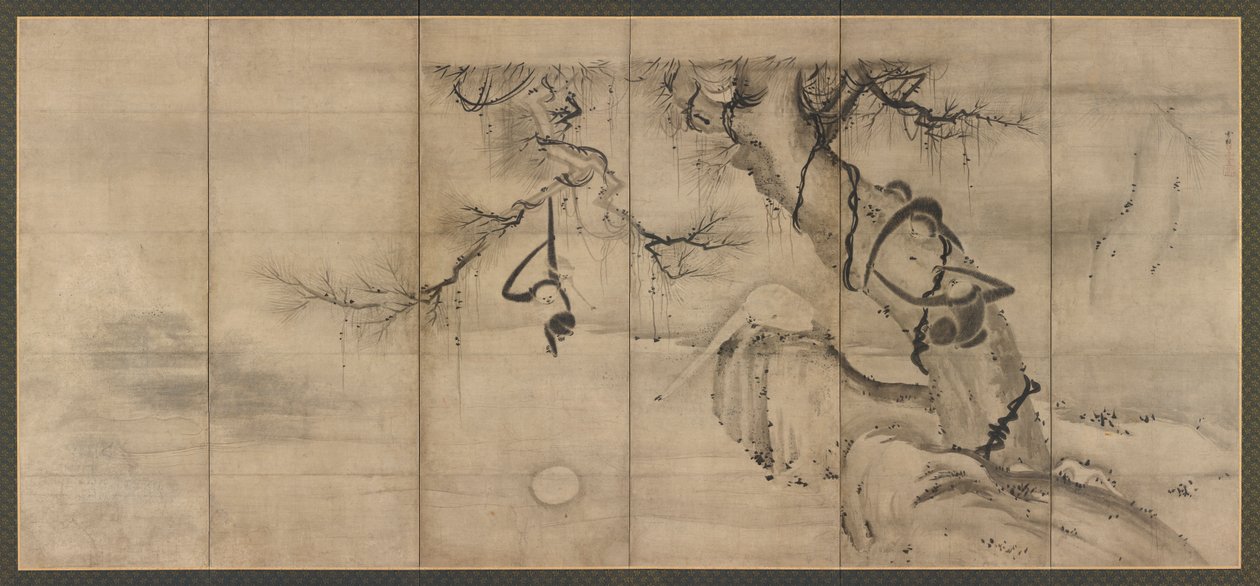 Affen und Bäume an einem Flussufer, Momoyama-Periode, Mitte - Ende des 16. Jahrhunderts von Sesson Shukei