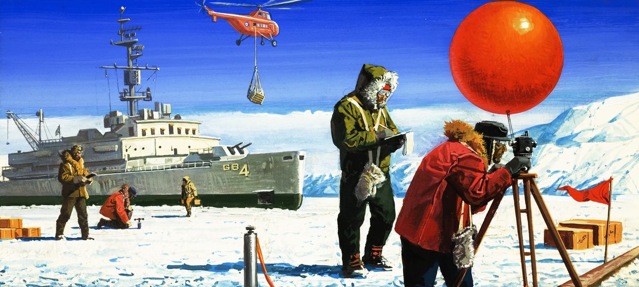 Dr. Vivian Fuchs führt wissenschaftliche Experimente in der Antarktis durch von Severino Baraldi