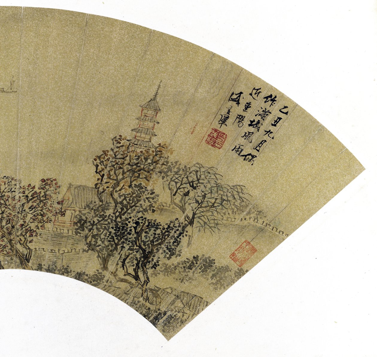 (Detail) Landschaft mit Pagode, Häusern und Booten, 1625 von Sheng Maoye