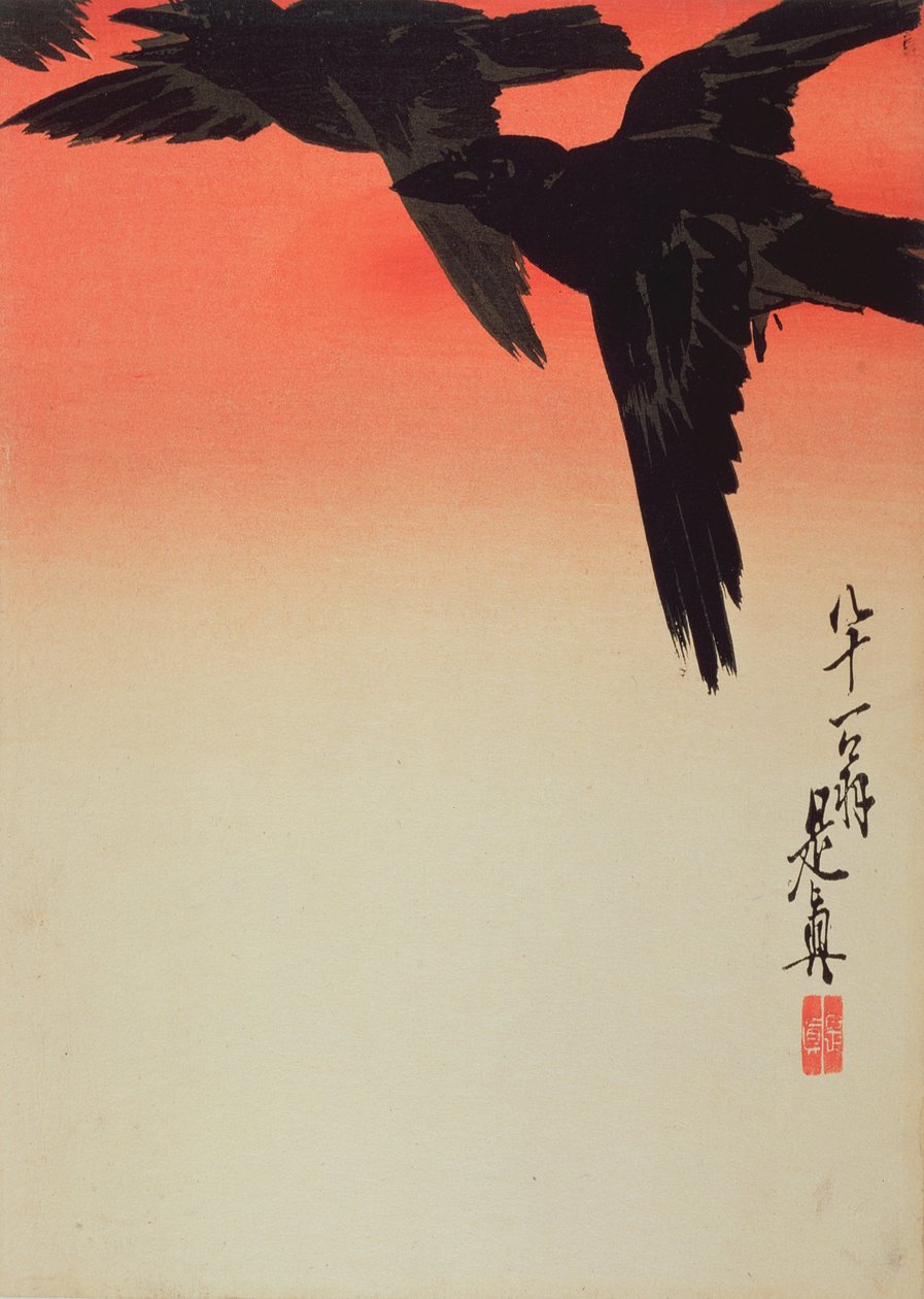 Krähen im Flug bei Sonnenaufgang, 1888 von Shibata Zeshin