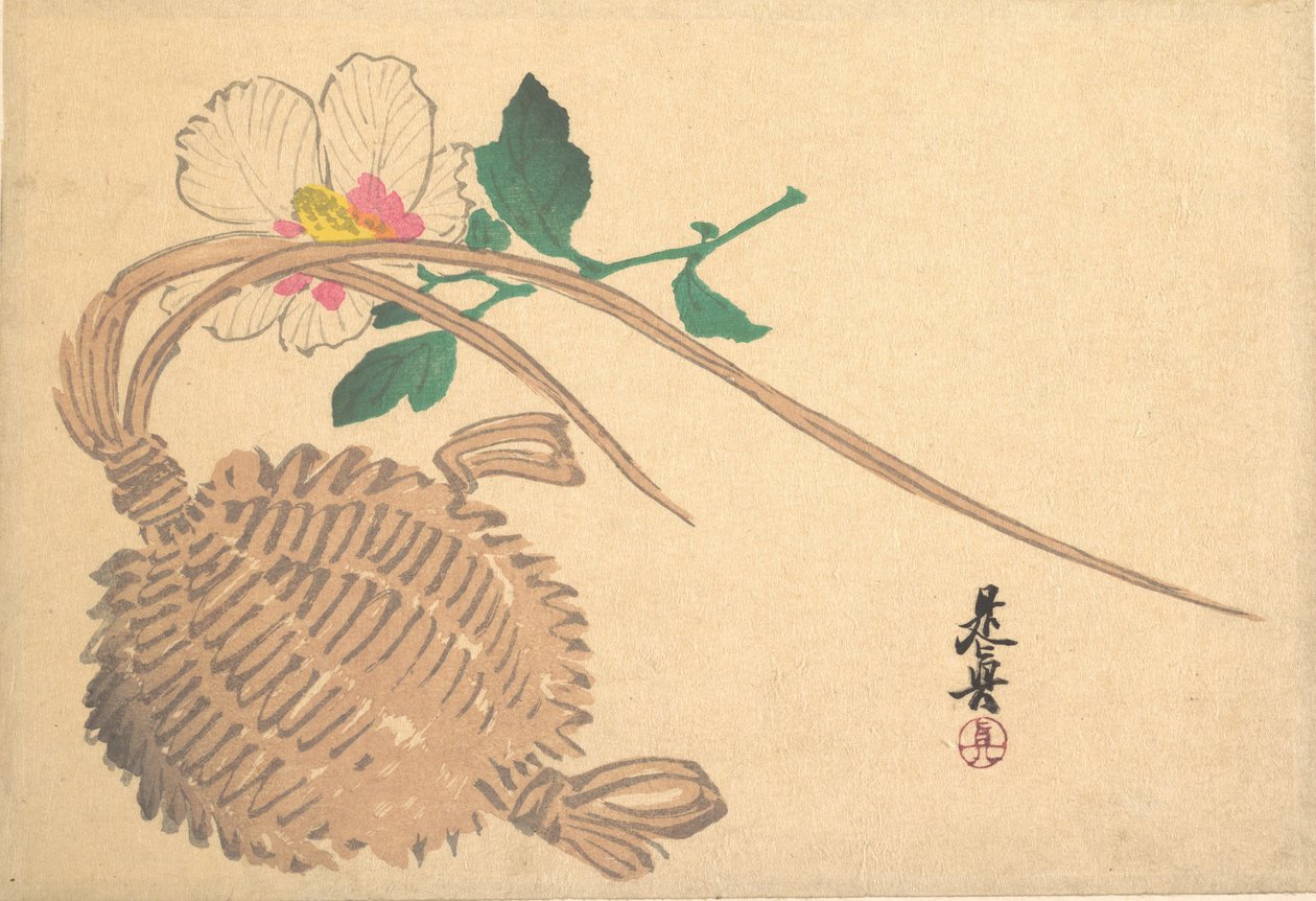 Strohkörbchen für Fische und Mokuge-Blume, ca. 1875 von Shibata Zeshin