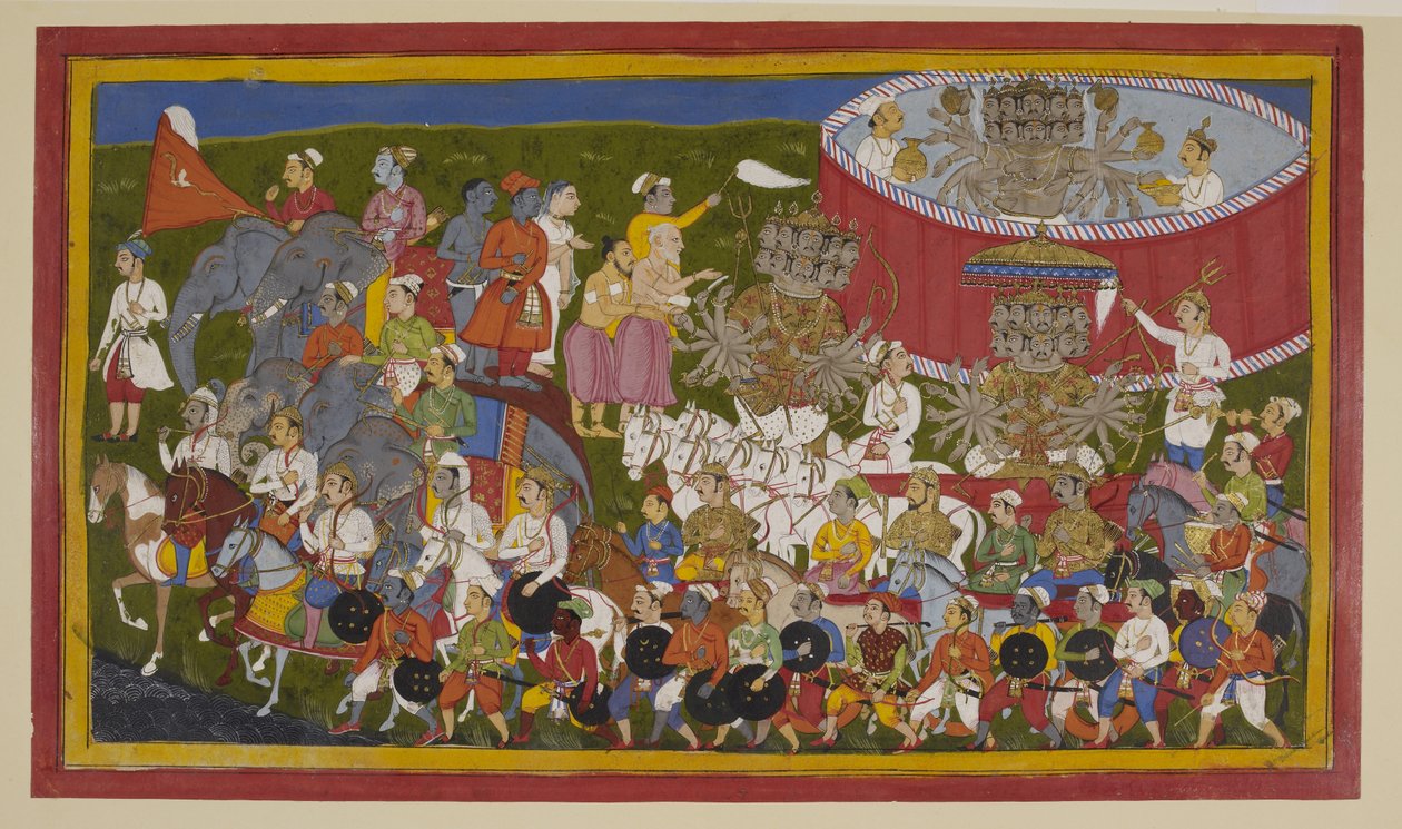 Ravana rüstet sich für die Schlacht in goldener Rüstung, begrüßt von Dienern von S?hibdin S?hibdin