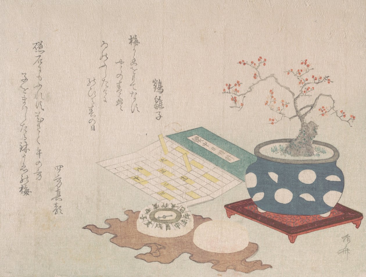 Bonsai-Pflaume, Kompass und Taschensonnenuhr mit Kalenderdesign, aus Frühlingsregen Surimon, 1806 von Shinsai