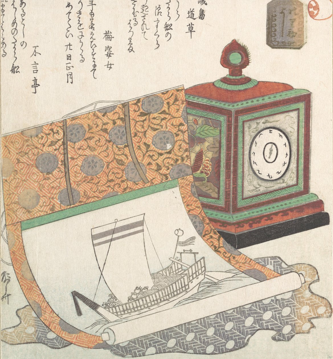 Tischuhr und Kakemono eines Schatzbootes, 19. Jahrhundert von Shinsai