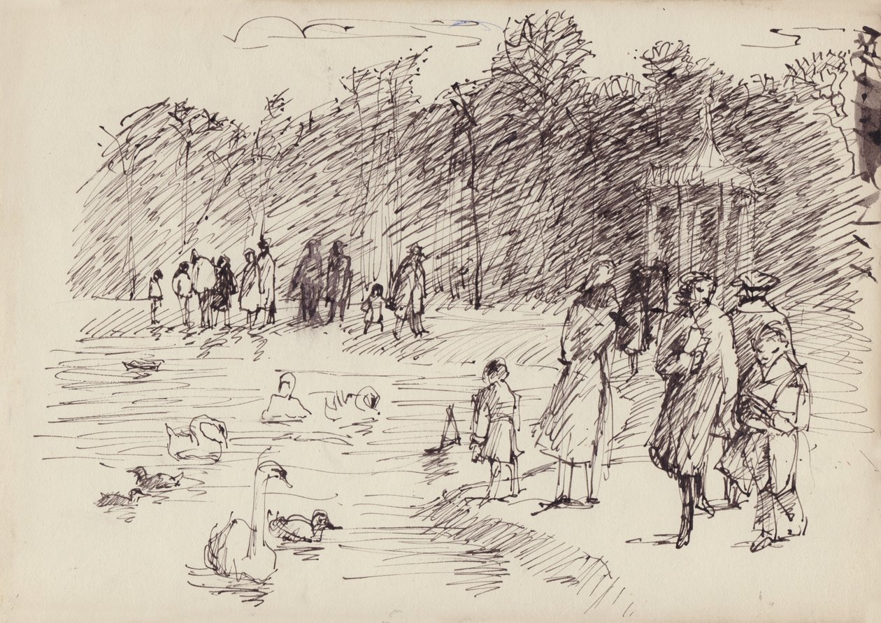 Schwäne auf dem Rundteich in den Kensington Gardens, London, ca. 1950 von Shirley Markham