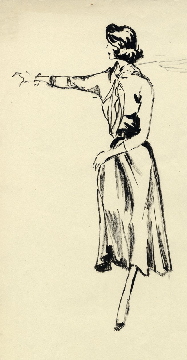 Frau im weiten Rock mit ausgestrecktem Arm, ca. 1950 von Shirley Markham