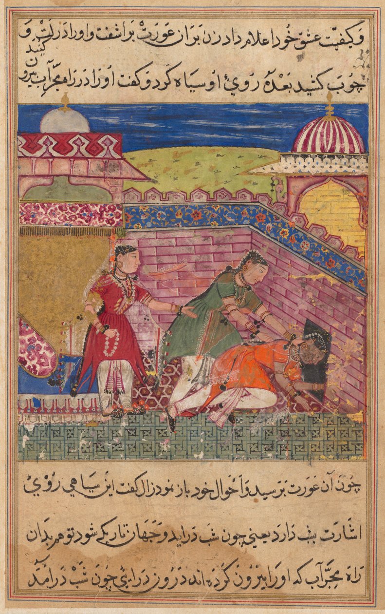 Seite aus den Geschichten eines Papageis Tuti-nama: Achte Nacht: Die betrügerische Frau wirft..., 1558-1560 von Shravana