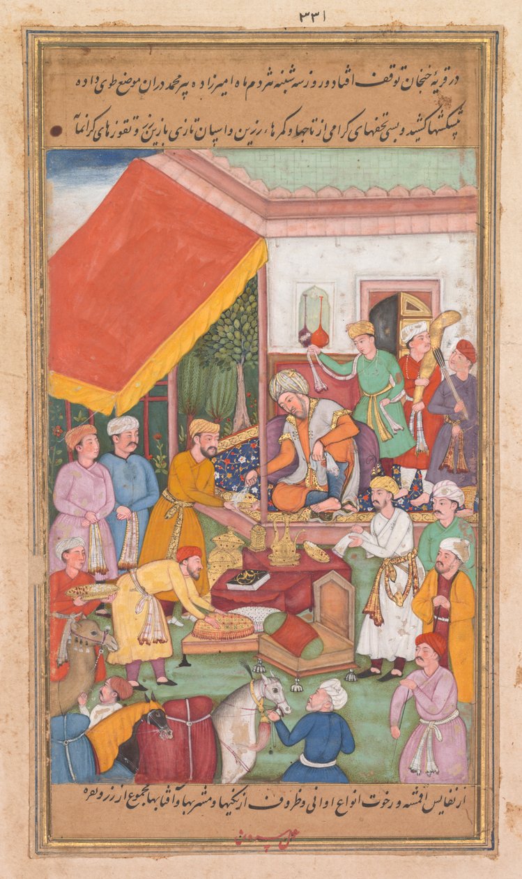 Timur verteilt Geschenke von seinem Enkel, dem Prinzen von Multan, aus einem Zafar-nama (Buch der Siege) von Shravana
